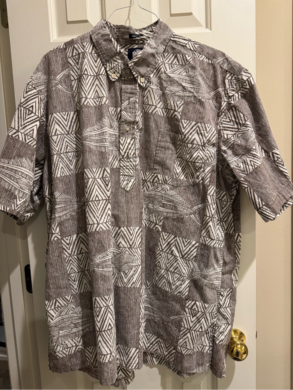 Reyn Spooner Brown and White Geometric & Fish Print Short-Sleeve Button-Down
